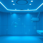 Peaceful medical chamber with soft blue lighting, serene atmosphere, healing oxygen bubbles floating gently, calming wellness environment, no text no words no letters