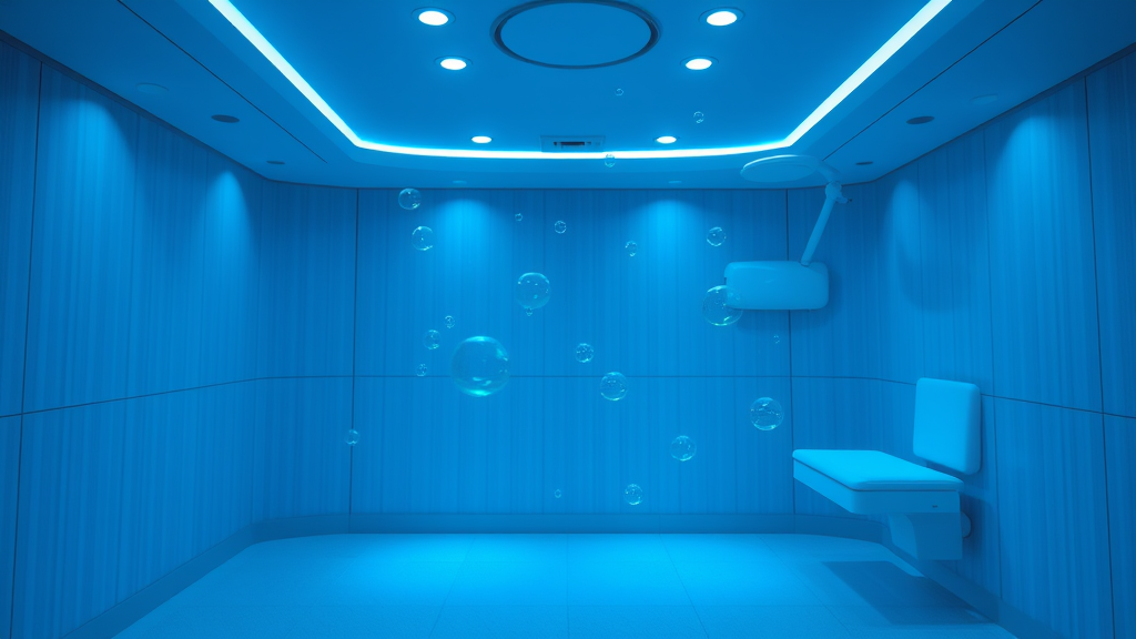 Peaceful medical chamber with soft blue lighting, serene atmosphere, healing oxygen bubbles floating gently, calming wellness environment, no text no words no letters