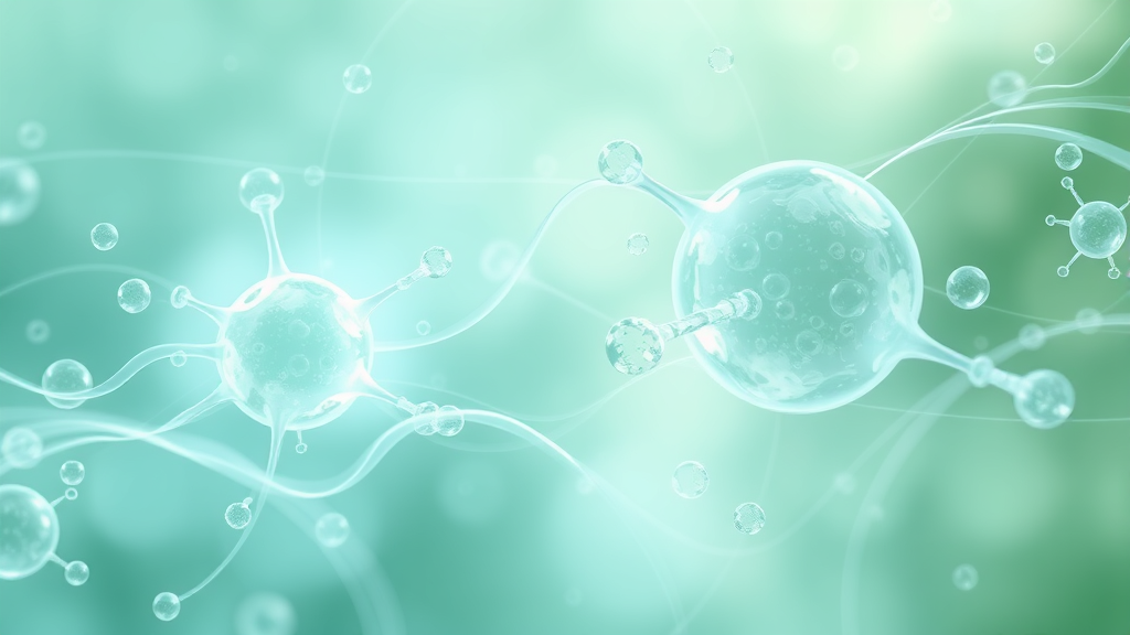 Abstract representation of cellular healing, flowing oxygen molecules, soft green and blue gradients, therapeutic energy, wellness concept, no text no words no letters