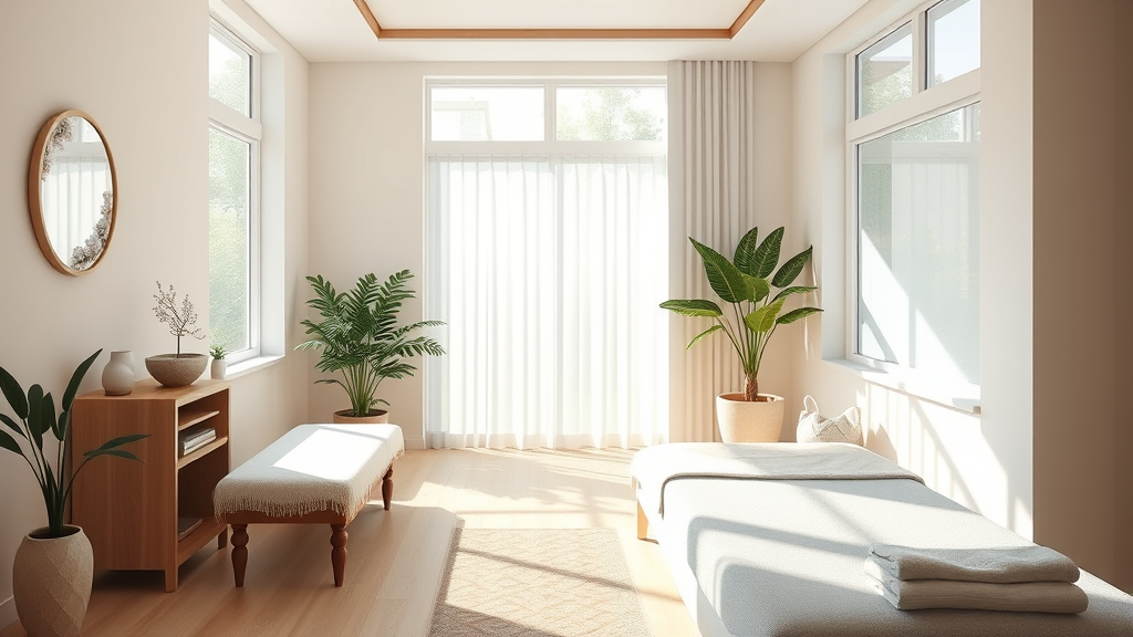 Tranquil therapy room with natural lighting, comfortable healing space, peaceful medical environment, soft colors, wellness sanctuary, no text no words no letters