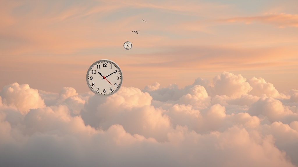 Serene mindfulness concept with floating clock elements dissolving into peaceful clouds and soft pastels no text no words no letters
