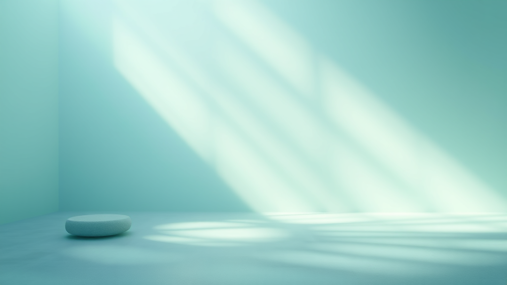 Serene healing environment with soft blue and green tones, gentle light rays, peaceful medical wellness concept, no text no words no letters