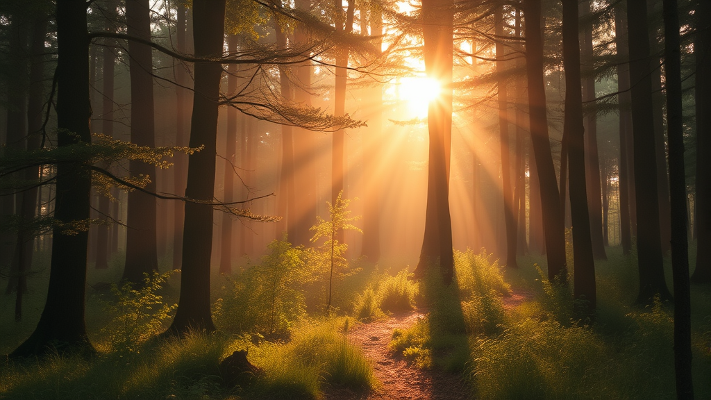 Soft golden light filtering through peaceful forest scene with gentle healing energy and emotional transformation concept no text no words no letters
