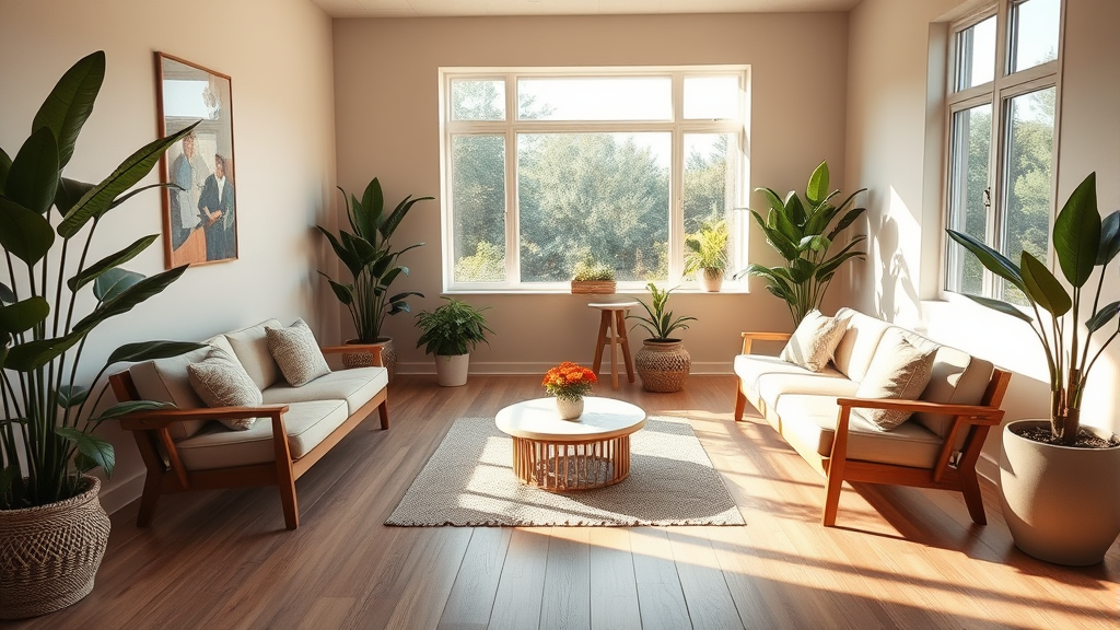 Calm therapy room with warm natural lighting comfortable seating plants creating safe healing space atmosphere no text no words no letters