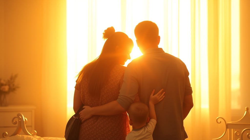 Warm family silhouettes embracing in soft golden light, peaceful therapy setting with gentle shadows, no text no words no letters