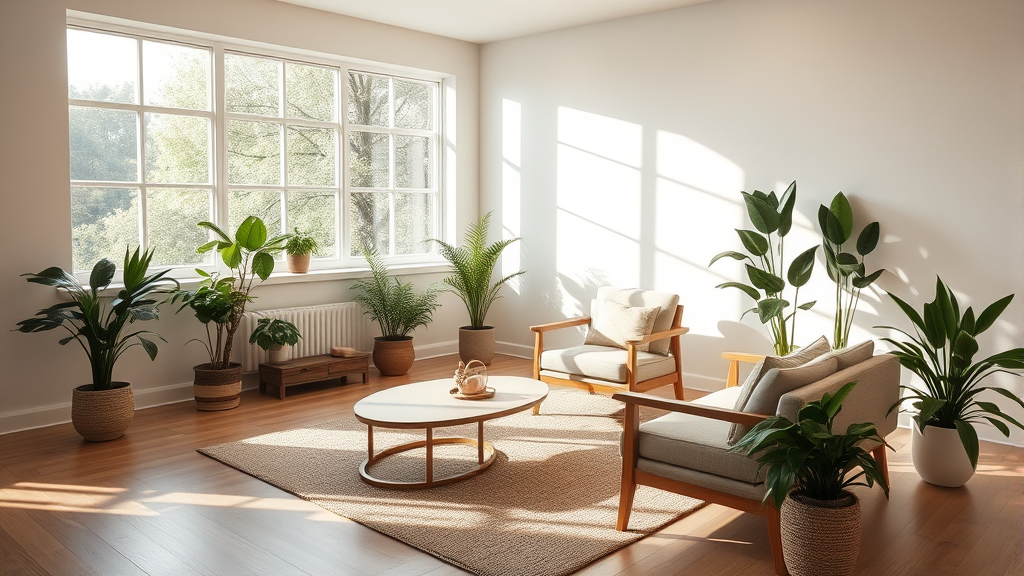 Calm therapy room with comfortable seating arrangement, natural lighting through windows, plants and peaceful atmosphere, no text no words no letters