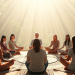 Peaceful group meditation circle with soft natural lighting gentle healing energy flowing between people no text no words no letters