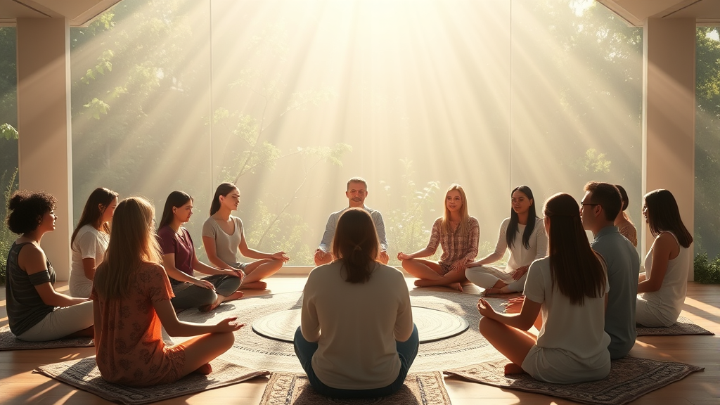 Peaceful group meditation circle with soft natural lighting gentle healing energy flowing between people no text no words no letters
