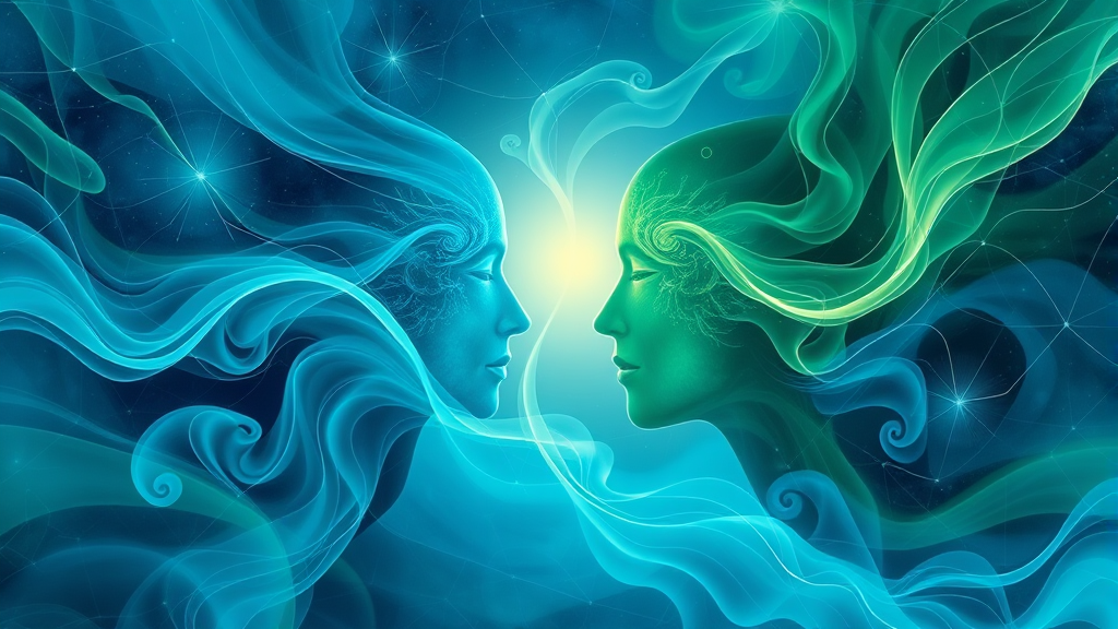 Abstract representation of interconnected healing energy flowing between souls with calming blues and greens no text no words no letters