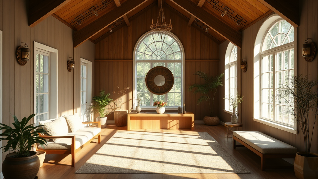 Peaceful Massachusetts healing center with soft natural lighting and calming earth tones, no text no words no letters