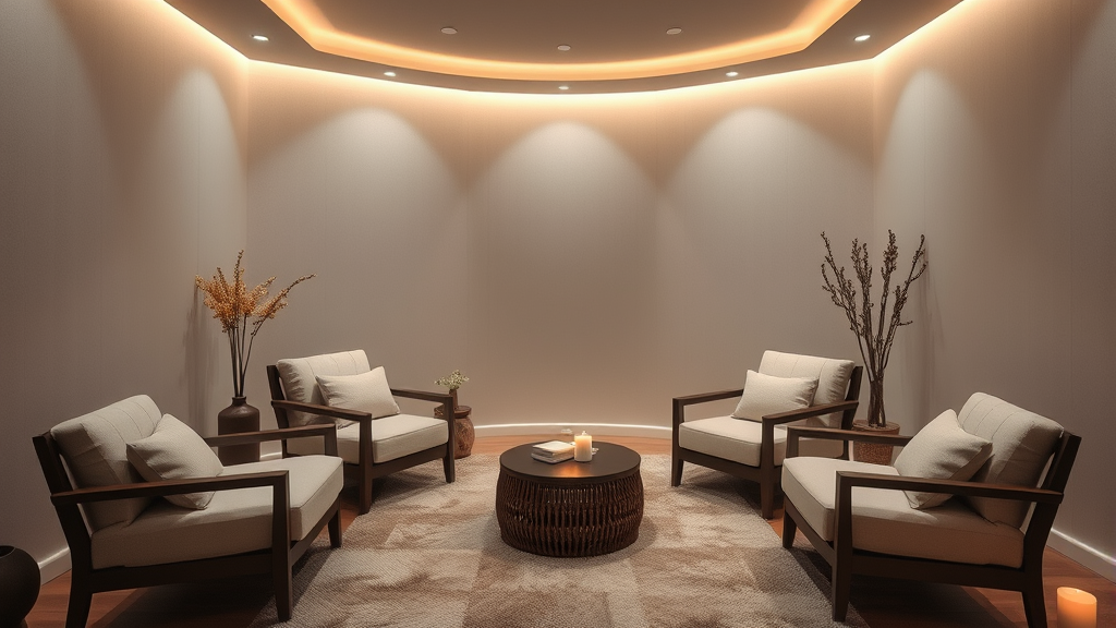 Serene therapy room with comfortable seating and gentle ambient lighting, healing atmosphere, no text no words no letters
