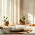 Serene healing space with soft natural lighting, crystals, plants, peaceful atmosphere, wellness concept, calming earth tones, no text no words no letters