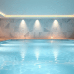 Serene therapeutic pool with soft blue water reflecting gentle lighting, peaceful wellness environment, no text no words no letters