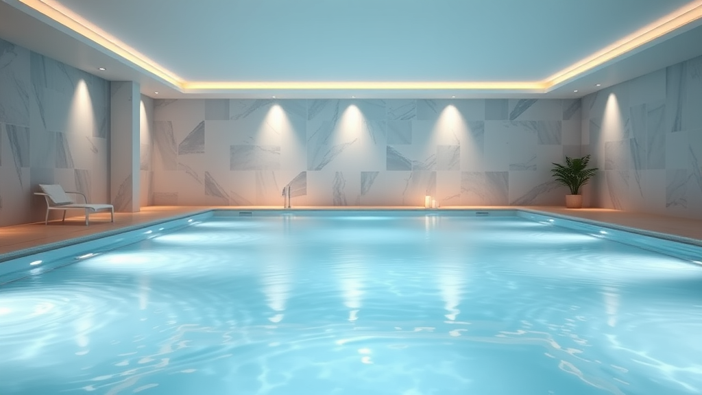 Serene therapeutic pool with soft blue water reflecting gentle lighting, peaceful wellness environment, no text no words no letters
