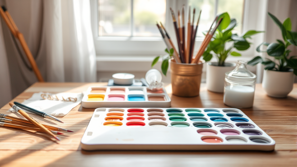 Soft watercolor painting brushes and palette with calming pastel colors on wooden table gentle natural lighting serene artistic workspace no text no words no letters