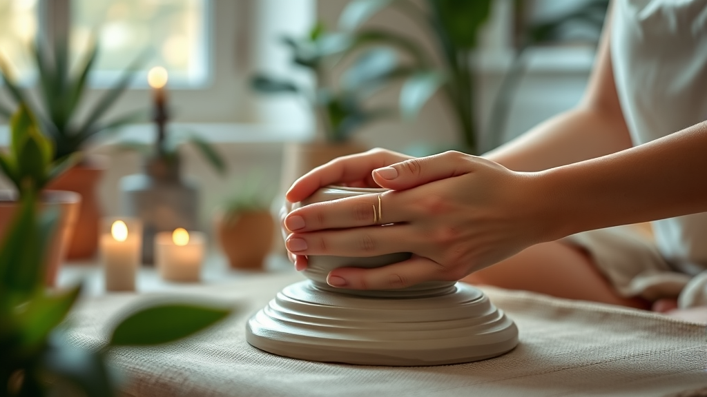 Hands gently molding clay in peaceful therapy room setting warm lighting plants in background meditative creative process no text no words no letters