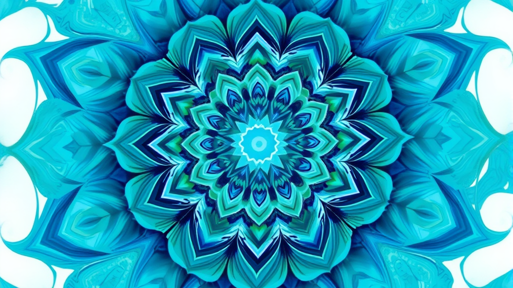 Abstract mandala design in soothing blues and greens representing inner peace and emotional balance flowing organic patterns no text no words no letters