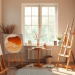 Peaceful art therapy studio with natural lighting, paintbrushes, canvases, soft warm colors, serene healing environment, no text no words no letters