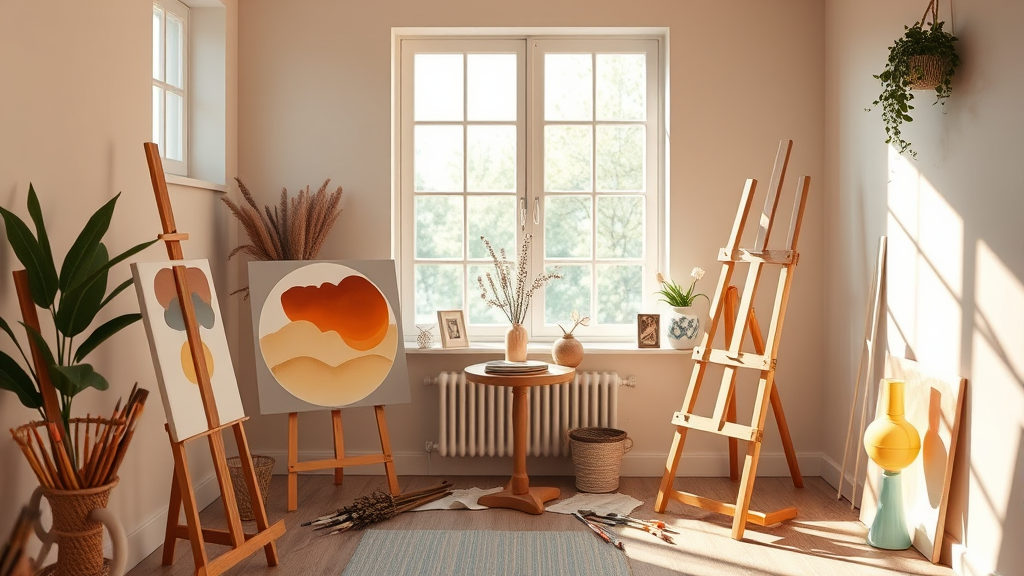 Peaceful art therapy studio with natural lighting, paintbrushes, canvases, soft warm colors, serene healing environment, no text no words no letters