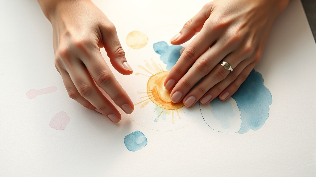 Gentle hands creating therapeutic art, watercolor paints, calm artistic expression, healing through creativity, soft lighting, no text no words no letters