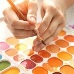 Gentle hands holding paintbrush over watercolor palette soft natural lighting warm colors peaceful artistic healing energy no text no words no letters