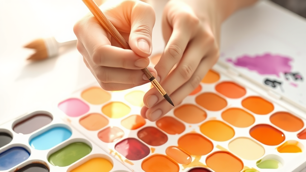 Gentle hands holding paintbrush over watercolor palette soft natural lighting warm colors peaceful artistic healing energy no text no words no letters