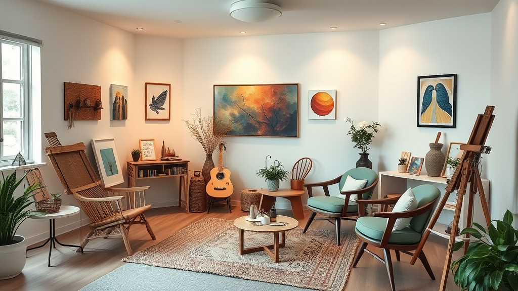 Serene therapy room with art supplies easel comfortable chairs soft lighting welcoming healing space creative therapeutic environment no text no words no letters