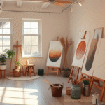 Peaceful art studio with warm natural light, paintbrushes and canvases, therapeutic healing atmosphere, soft colors, serenity, no text no words no letters
