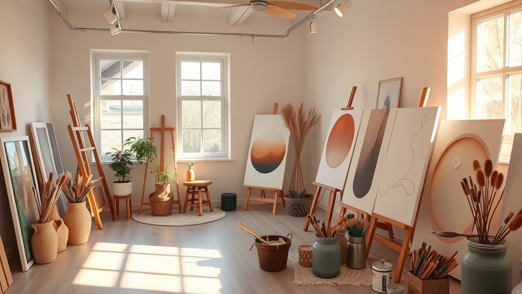 Peaceful art studio with warm natural light, paintbrushes and canvases, therapeutic healing atmosphere, soft colors, serenity, no text no words no letters