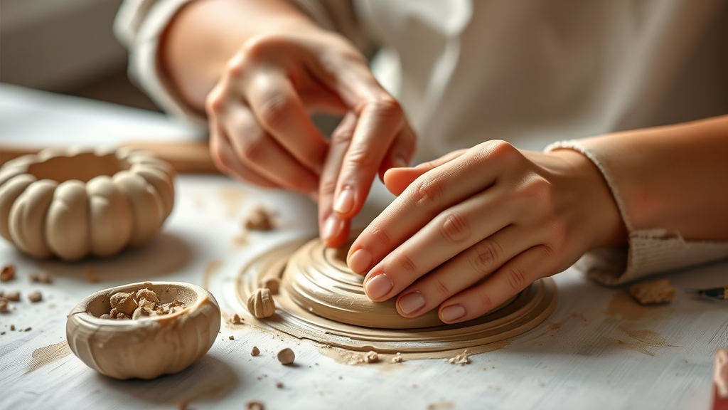 Gentle hands creating art with clay or paint, therapeutic creative process, calming healing environment, soft lighting, no text no words no letters