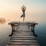 Serene person practicing balance on peaceful wooden bridge over calm water surrounded by soft natural light no text no words no letters