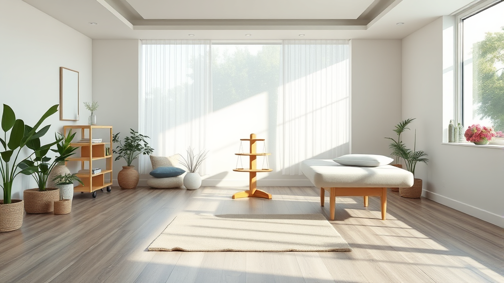 Peaceful therapy room with balance equipment and gentle natural lighting creating calm healing environment no text no words no letters
