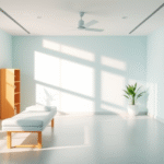 Serene physical therapy clinic with soft natural lighting, calming blue and green tones, peaceful healing environment, no text no words no letters