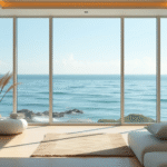 Serene coastal therapy setting with soft natural lighting and calming ocean views representing healing sanctuary no text no words no letters