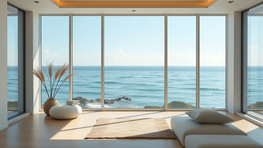 Serene coastal therapy setting with soft natural lighting and calming ocean views representing healing sanctuary no text no words no letters