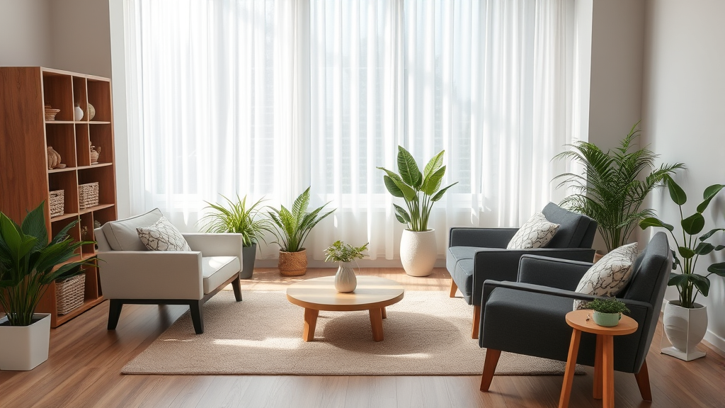 Peaceful therapy room with comfortable seating and natural elements creating safe healing space no text no words no letters