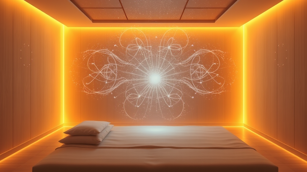 Calm therapy room with subtle electromagnetic field visualization, warm ambient lighting, healing energy concept, no text no words no letters