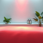 Soft glowing red light emanating from modern therapy panel in serene spa-like room with plants and natural materials, calming wellness atmosphere, no text no words no letters