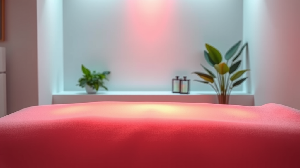 Soft glowing red light emanating from modern therapy panel in serene spa-like room with plants and natural materials, calming wellness atmosphere, no text no words no letters