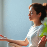 Peaceful person meditating with soft natural lighting, calming blue and green tones, serene wellness concept, no text no words no letters