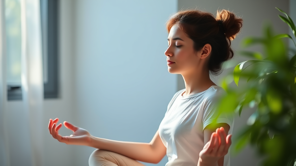 Peaceful person meditating with soft natural lighting, calming blue and green tones, serene wellness concept, no text no words no letters