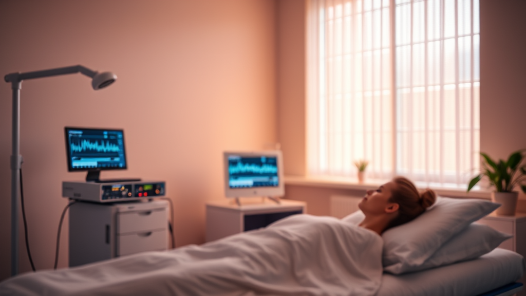 Abstract biofeedback therapy session with gentle monitoring equipment, warm lighting, peaceful clinical setting, no text no words no letters