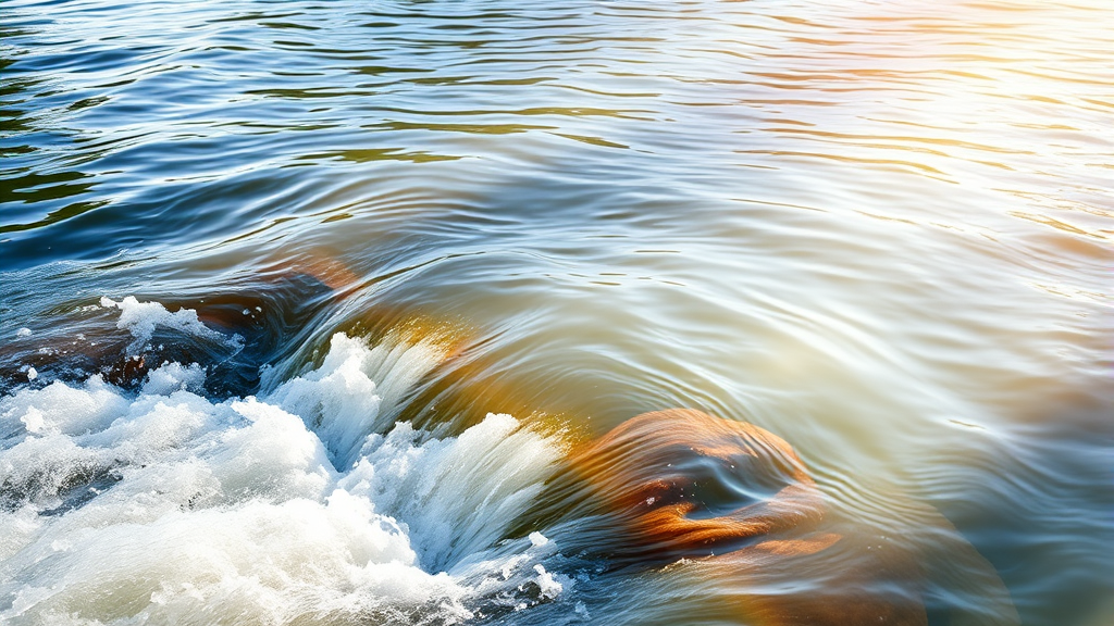 Tranquil nature scene with flowing water and soft sunlight representing inner calm and stress relief, no text no words no letters