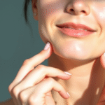 Peaceful woman touching jaw area with gentle expression, soft natural lighting, calming blue and white tones, serene wellness concept, no text no words no letters