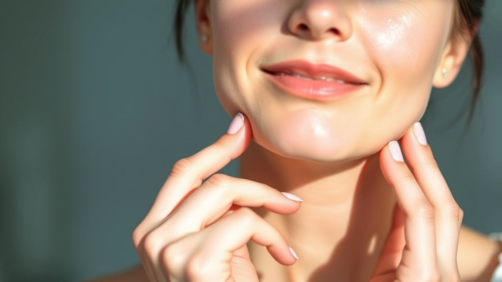Peaceful woman touching jaw area with gentle expression, soft natural lighting, calming blue and white tones, serene wellness concept, no text no words no letters