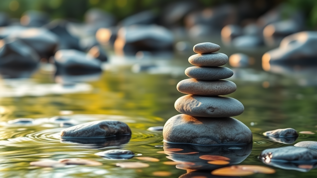 Tranquil nature scene with smooth river stones balanced perfectly, representing harmony and balance, soft morning light, no text no words no letters