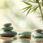 Peaceful zen spa setting with smooth jade stones and bamboo plants in soft natural lighting no text no words no letters