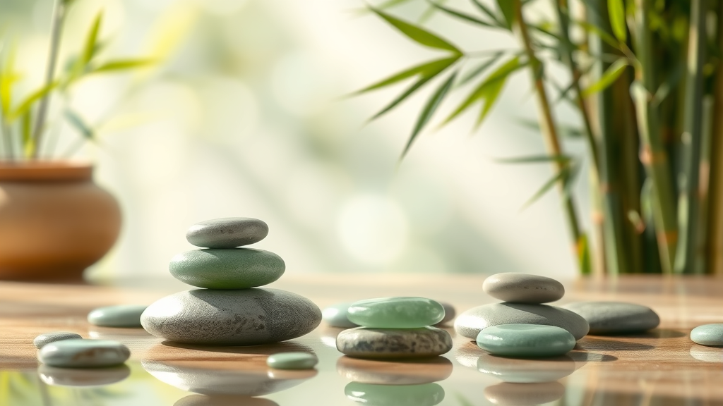 Peaceful zen spa setting with smooth jade stones and bamboo plants in soft natural lighting no text no words no letters