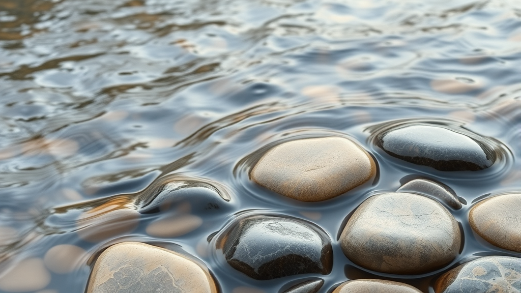 Abstract flowing water over smooth river stones representing healing energy and relaxation no text no words no letters