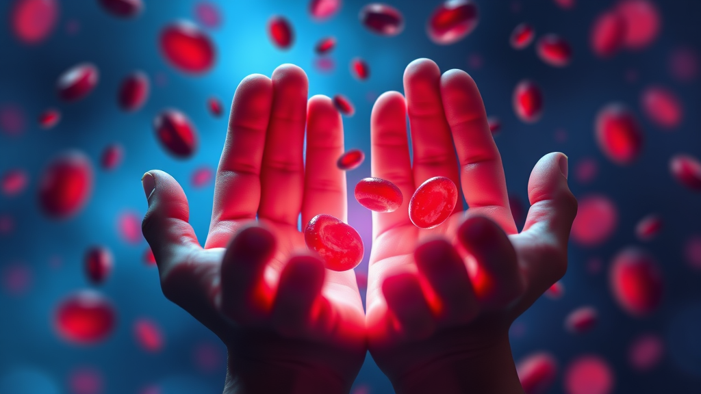 Gentle hands holding glowing red blood cells floating in soft blue light with healing energy radiating outward no text no words no letters